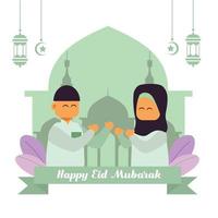 eid mubarak vectorontwerp met illustratie van islamitische mannelijke vrouw in hijab met achtergrond van silhouet moskeelantaarn gratis bewerkbaar vector