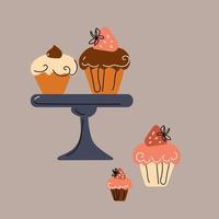 afternoon tea stand set met gebak, koffiehuis iconen van desserts. vector