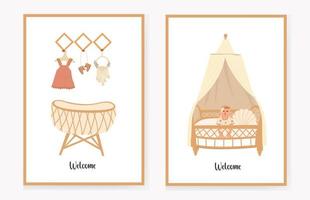 set uitnodigingskaarten voor kinderen met een wieg en een hanger, in de boho-stijl. welkom. vector illustratie