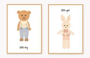 een set uitnodigingskaarten voor kinderen met een schattige beer en een konijntje, met de tekst schattige jongen en schattig meisje. vector illustratie