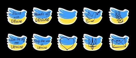 set handgetekende stickers met Oekraïense symbolen. staan met Oekraïne sticker. sluit de lucht boven Oekraïne sticker.stop de oorlog in Oekraïne sticker. handen af van Oekraïne sticker.vector afbeelding.