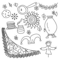 set doodles voor pannenkoekenfestival maslenitsa, eenvoudige contourillustraties op een feestelijk thema vector