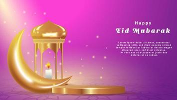 realistische eid mubarak-achtergrond met licht, gouden podium, maan en lantaarn. islamitische vectorillustratie vector