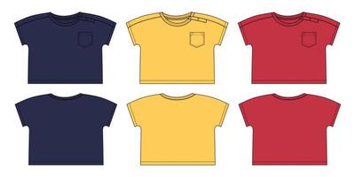 marine, gele, rode kleur korte mouw met zak t-shirt technische schets mode platte sjabloon voor kinderen. vector kunst illustratie kleding mock up front, achteraanzicht. kleding kleding jurk ontwerp.