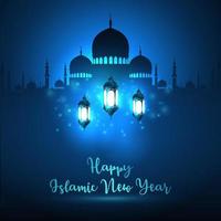 gelukkig islamitisch nieuwjaar met silhouetmoskee en blauwe glanzende lantaarn vector