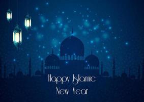 gelukkig islamitisch nieuwjaar met silhouetmoskee en lantaarn vector