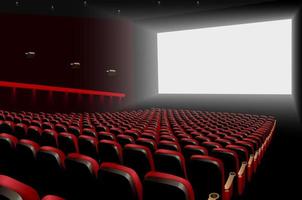 bioscoopzaal met rode stoelen en wit leeg scherm vector