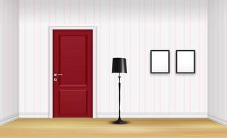 gesloten rode deur met vloerlamp en frames op gestreepte muurachtergrond vector