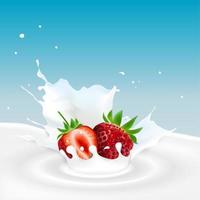 vectorillustratie van melk splash met aardbeien vector