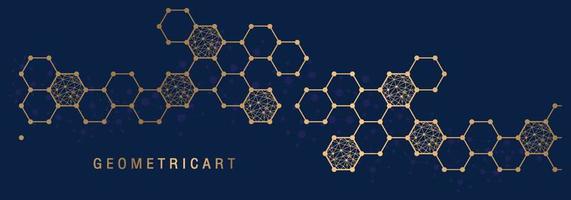 vector wetenschap netwerkpatroon, technologie zeshoeken structuur of moleculaire verbindingselementen. gouden kleur op blauwe achtergrond