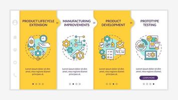 digitale dubbele toepassingen gele onboarding-sjabloon. productlevenscyclus. responsieve mobiele website met lineaire conceptpictogrammen. webpagina walkthrough 4 stap schermen. lato-bold, gewone lettertypen gebruikt vector