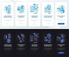 privacy online tips onboarding paginascherm voor mobiele apps. veilig met behulp van vijf stappen grafische instructies met concepten. ui, ux, gui vectorsjabloon met lineaire nacht- en dagmodusillustraties vector