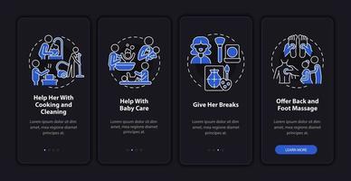 ondersteuning van zwangere partner onboarding mobiele app paginascherm. geef haar pauzes 4 stappen grafische instructies met concepten. ui, ux, gui vectorsjabloon met illustraties in lineaire nachtmodus vector
