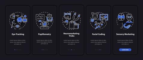 neurowetenschappelijke technieken aan boord van het paginascherm van de mobiele app. gezichtscodering walkthrough 5 stappen grafische instructies met concepten. ui, ux, gui vectorsjabloon met illustraties in lineaire nachtmodus vector