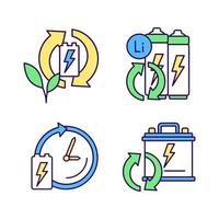 eco batterij verwijdering rgb kleur iconen set. milieuvriendelijk hergebruik. elektronisch afval recyclen. levensduur van de accu. geïsoleerde vectorillustraties. verzameling eenvoudige gevulde lijntekeningen vector