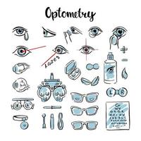 optometrie is een set doodles, met ogen, lenzen en brillen voor medische informatiegrafieken. handmatige vectorillustratie. vector