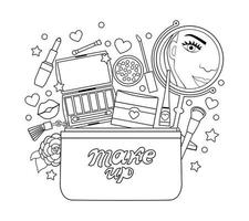 make-up tas met een spiegel, lippenstift, oogschaduw kleurboek voor volwassenen. vectorillustratie. vector