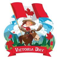 Victoria Day-viering met Canadese vlag en koninklijke politie die op een eland rijdt vector