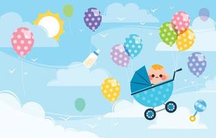 geboren dag concept achtergrond met baby in kinderwagen zwevend door ballonnen vector