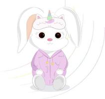 schattig wit konijntje in paarse eenhoornpyjama vector