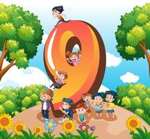 negen kinderen met nummer negen cartoon vector
