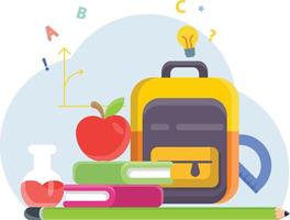hier is een schooltas, wat boeken en een appel erop