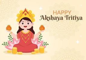 Akshaya Tritiya-festival met een gouden kalash, pot en gouden munten voor dhanteras-viering met maa lakshmi op indiaan in versierde achtergrondsjabloonillustratie vector
