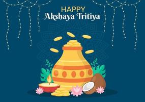 Akshaya Tritiya-festival met een gouden kalash, pot en gouden munten voor dhanteras-viering op indiaan in versierde achtergrondsjabloonillustratie vector