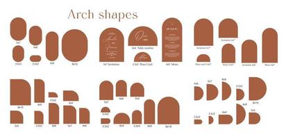 boogvorm ingesteld sjabloon, booghuwelijksuitnodigingen, lasergesneden uitnodiging, menu, plaatskaart. vector