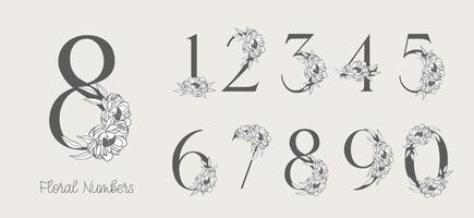 bloem sierlijke nummers. elegant bloemenbloesemaantal, bloementakjesdatum en numeriek monogram. vector