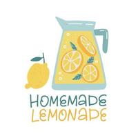 zelfgemaakte limonade in kruik. werper drankjes met citroen en plakjes. tropische zomer handgetekende glaswerkpot voor poster, limonademenu. platte ontwerp gekleurde trendy platte vectorillustratie met belettering vector