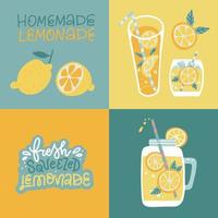 set kaarten of banners met pot, glas, citrusverkoelend drankje en handgetekende belettering inscriptie limonade. verfrissende dranken met citroen, munt, ijsblokjes, water. vector plat getekende illustratie.