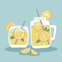 limonadesamenstelling met glas en pot natuurlijke drank en rijpe citroen. stilleven met zomers freesh drankje, schijfjes citroen en gestreept stro. platte hand getekende vectorillustratie. vector