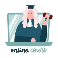 rechter in een pruik op laptop scherm. computer online juridische procedures .law consulting, juridische hulp online. lockdown thuiskantoor, externe baan. platte vectorillustratie. vector