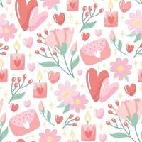 handgetekende naadloze patroon met bloemen en harten. creatieve stijlvolle achtergrond voor Valentijnsdag. kleurrijke bloemenillustratie voor papier en cadeaupapier. stof print modern design. vector