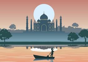 silhouetontwerp van mensenroeiboot in rivier dichtbij Taj Mahal vector