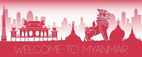 myanmar top beroemde bezienswaardigheden silhouet stijl, reizen en toerisme vector