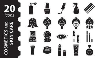 cosmetica en huidverzorging pictogramserie. zwarte glyph vector iconen.