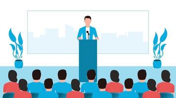 een man die een toespraak houdt voor werknemers op een witte achtergrond, zakelijke karakter vectorillustratie. vector
