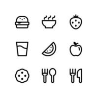 lijnpictogrammen voor eten en drinken, waaronder hamburger, aardbei en meer vector