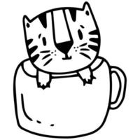 schattige tijger in koffiemok, thee beker hand getrokken doodle kunst illustratie. vector