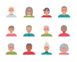 set van 12 avatars karakters van ouderen. verzameling portretten van oudere mannen en vrouwen van verschillende nationaliteiten. cartoon gezichten van grootouders. vectorillustratie, plat vector