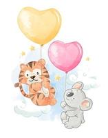 cartoon tijger en koala met ballonnen vector