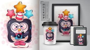 pinguïn nemen selfie en poster en merchandising vector