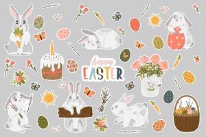 vrolijke paasdag stickers kleurrijke collectie met schattige konijntjes en paaselementen. vector platte cartoon afbeelding.