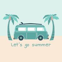 zomerillustratie, schattige groene toeristenbus in doodle-stijl en palmbomen. print, poster, zomer illustraties, vector