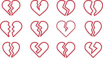 rode lijn gebroken hart set. gebroken hartvormige symbolen. vector