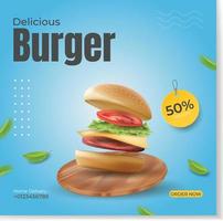 hamburger fastfood social media postsjabloon met realistische hamburger houten snijplank