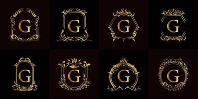 logo eerste g met luxe ornament of bloemframe, set collectie. vector