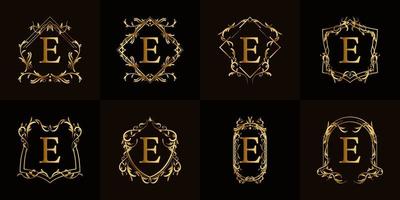 logo eerste e met luxe ornament of bloemframe, set collectie. vector